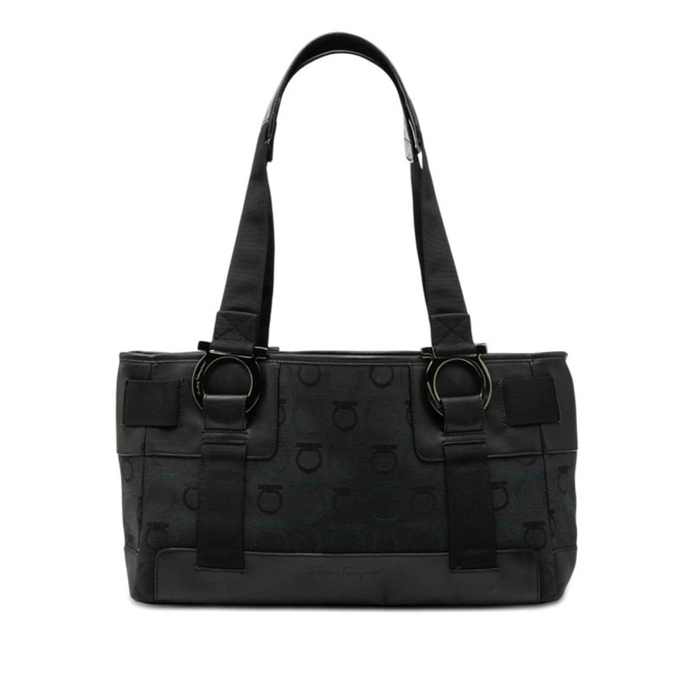 Salvatore Ferragamo Gancini Tote Bag Black Navy Blue Canvas Leather